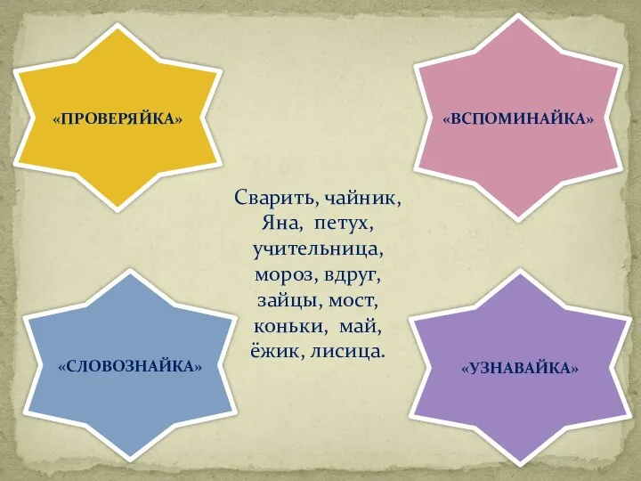 «ПРОВЕРЯЙКА» «ВСПОМИНАЙКА» «СЛОВОЗНАЙКА» «УЗНАВАЙКА» Сварить, чайник, Яна, петух, учительница, мороз,