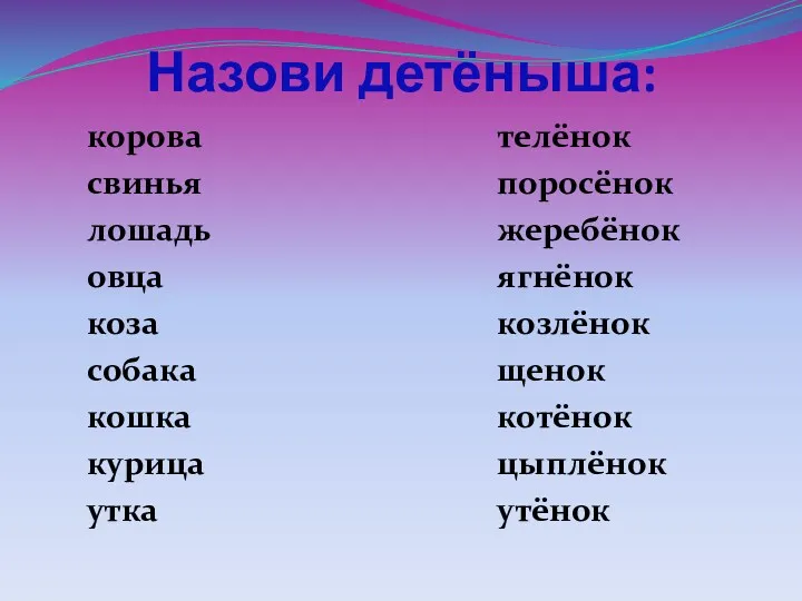 Назови детёныша: корова свинья лошадь овца коза собака кошка курица утка телёнок поросёнок