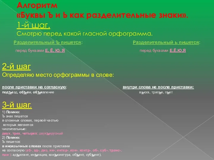 Алгоритм «Буквы Ъ и Ь как разделительные знаки». 1-й шаг.