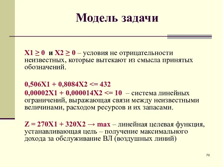 Модель задачи X1 ≥ 0 и X2 ≥ 0 – условия не отрицательности