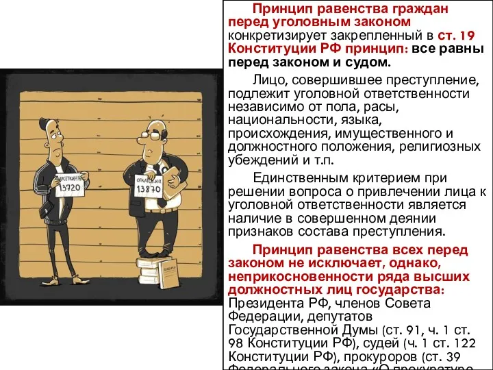 Принцип равенства граждан перед уголовным законом конкретизирует закрепленный в ст. 19 Конституции РФ