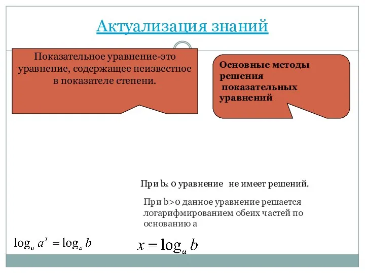 Актуализация знаний Показательное уравнение-это уравнение, содержащее неизвестное в показателе степени.