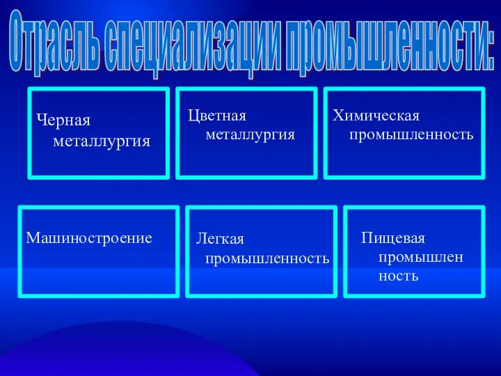 Черная металлургия Цветная металлургия Химическая промышленность Пищевая промышлен ность Легкая промышленность Машиностроение Отрасль специализации промышленности: