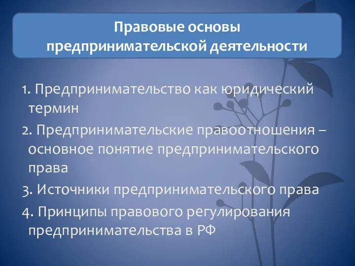 Правовые основы предпринимательской деятельности 1. Предпринимательство как юридический термин 2.