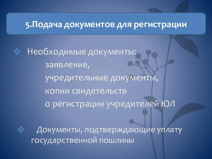 5.Подача документов для регистрации Необходимые документы: заявление, учредительные документы, копии