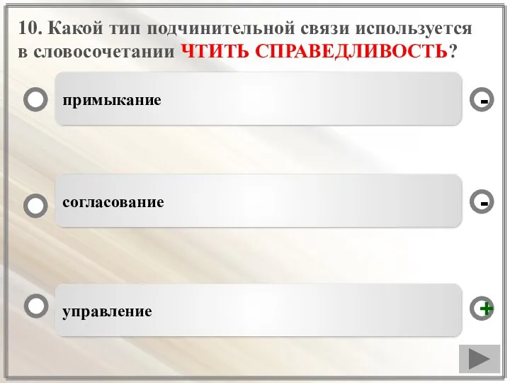 10. Какой тип подчинительной связи используется в словосочетании ЧТИТЬ СПРАВЕДЛИВОСТЬ? управление примыкание согласование - - +