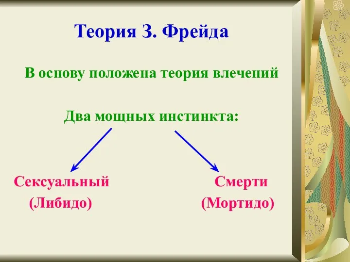 Теория З. Фрейда В основу положена теория влечений Два мощных инстинкта: Сексуальный Смерти (Либидо) (Мортидо)