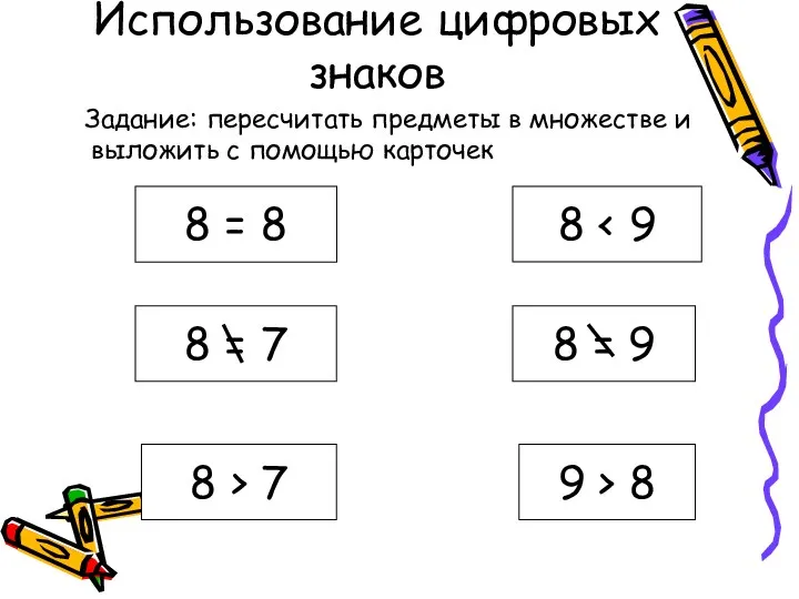 Использование цифровых знаков Задание: пересчитать предметы в множестве и выложить