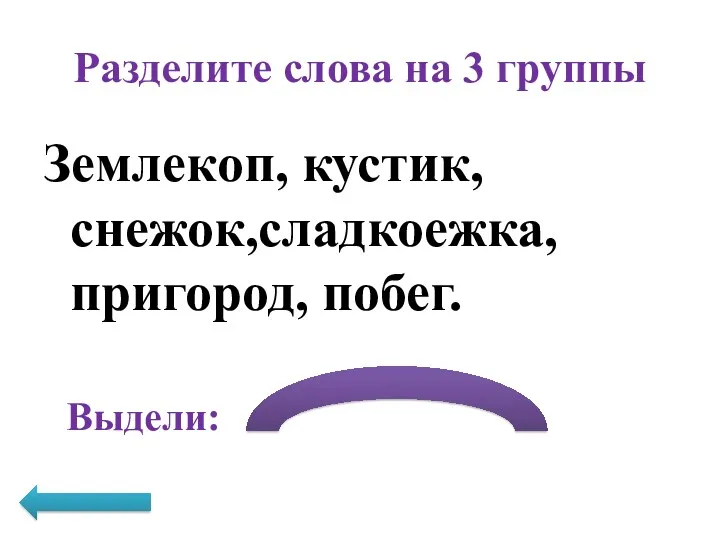 Разделите слова на 3 группы Землекоп, кустик, снежок,сладкоежка, пригород, побег. Выдели: