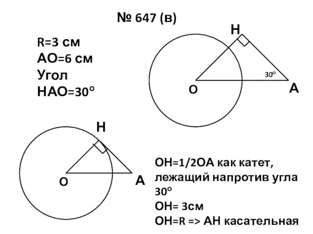 № 647 (в) О Н А R=3 см АО=6 см Угол НАО=30о О