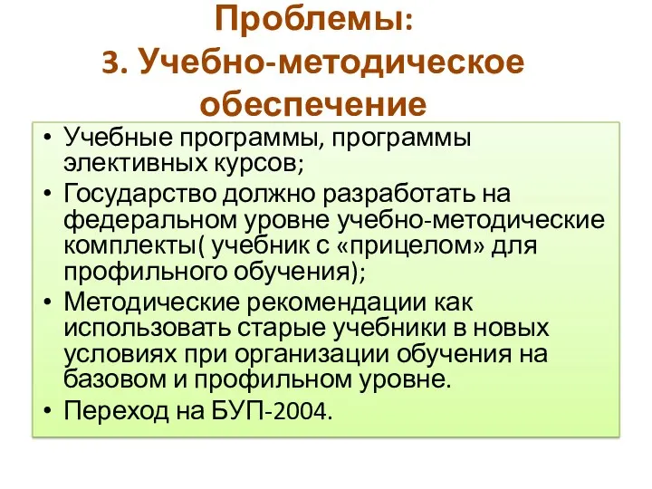 Проблемы: 3. Учебно-методическое обеспечение Учебные программы, программы элективных курсов; Государство