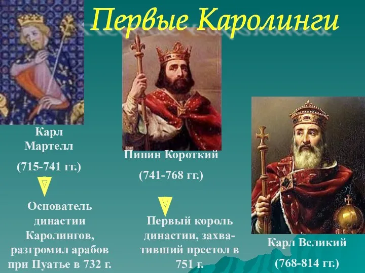 Карл Мартелл (715-741 гг.) Пипин Короткий (741-768 гг.) Карл Великий