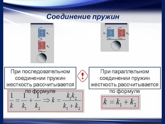 Соединение пружин При последовательном соединении пружин жесткость рассчитывается по формуле