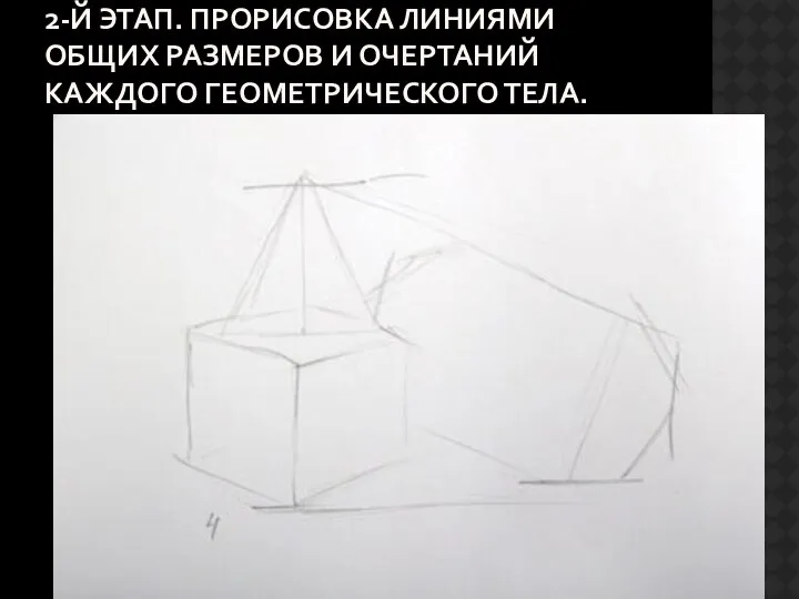 2-й этап. Прорисовка линиями общих размеров и очертаний каждого геометрического тела.