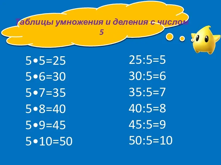 Таблицы умножения и деления с числом 5 5•5=25 5•6=30 5•7=35 5•8=40 5•9=45 5•10=50