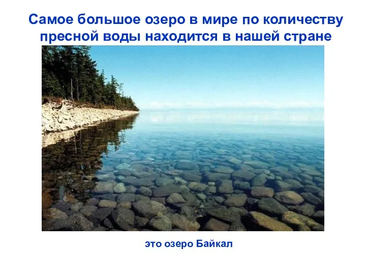 Самое большое озеро в мире по количеству пресной воды находится в нашей стране это озеро Байкал