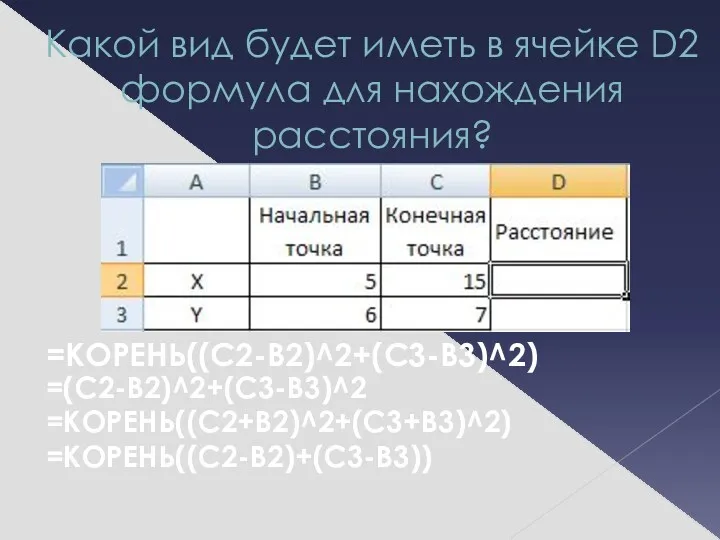 Какой вид будет иметь в ячейке D2 формула для нахождения расстояния? =(C2-B2)^2+(C3-B3)^2 =КОРЕНЬ((C2+B2)^2+(C3+B3)^2) =КОРЕНЬ((C2-B2)+(C3-B3)) =КОРЕНЬ((C2-B2)^2+(C3-B3)^2)