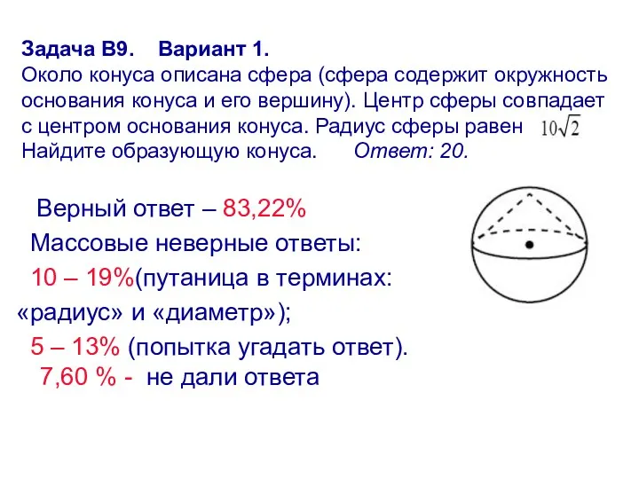 Задача В9. Вариант 1. Около конуса описана сфера (сфера содержит окружность основания конуса