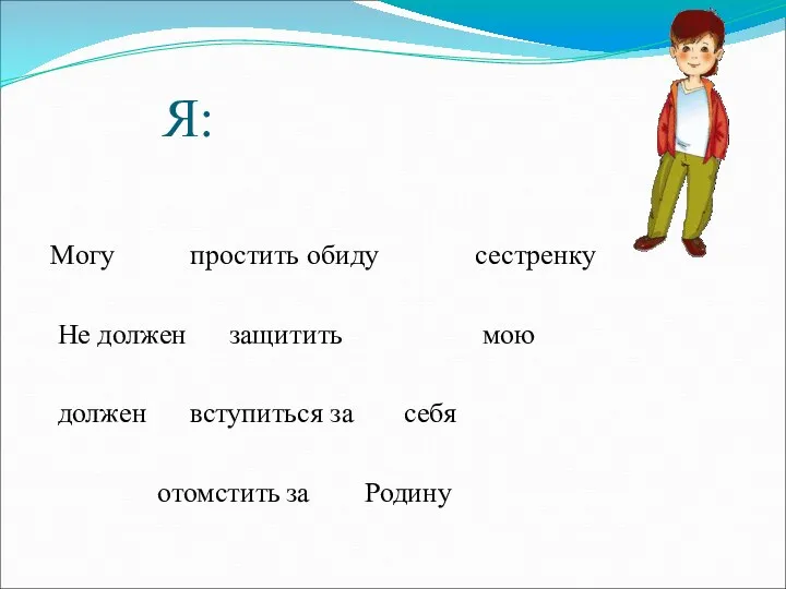 Я: Могу простить обиду сестренку Не должен защитить мою должен вступиться за себя отомстить за Родину