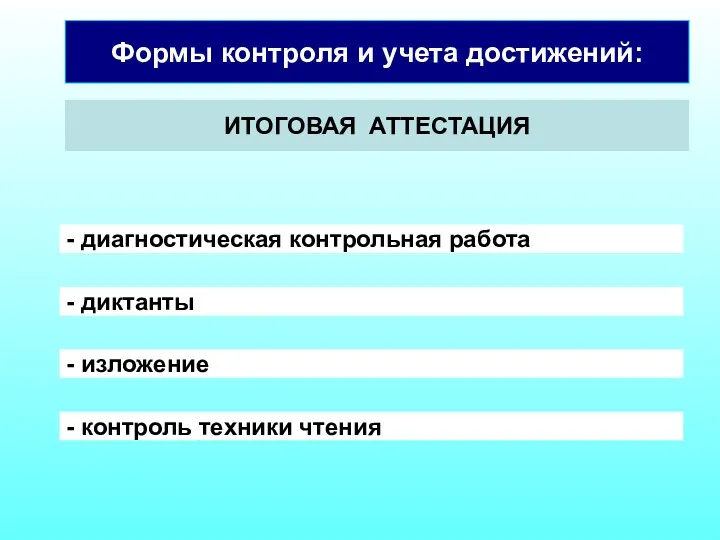 Формы контроля и учета достижений: ИТОГОВАЯ АТТЕСТАЦИЯ - диагностическая контрольная