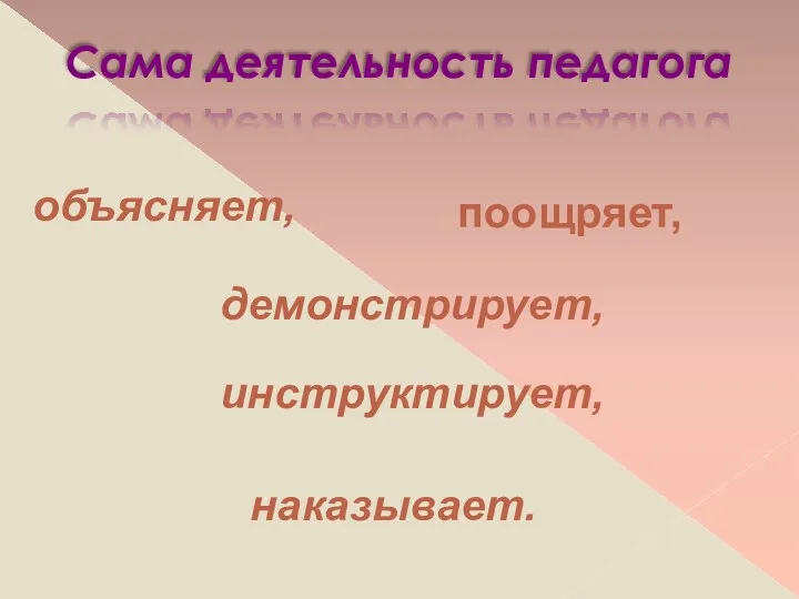 Сама деятельность педагога объясняет, демонстрирует, инструктирует, поощряет, наказывает.