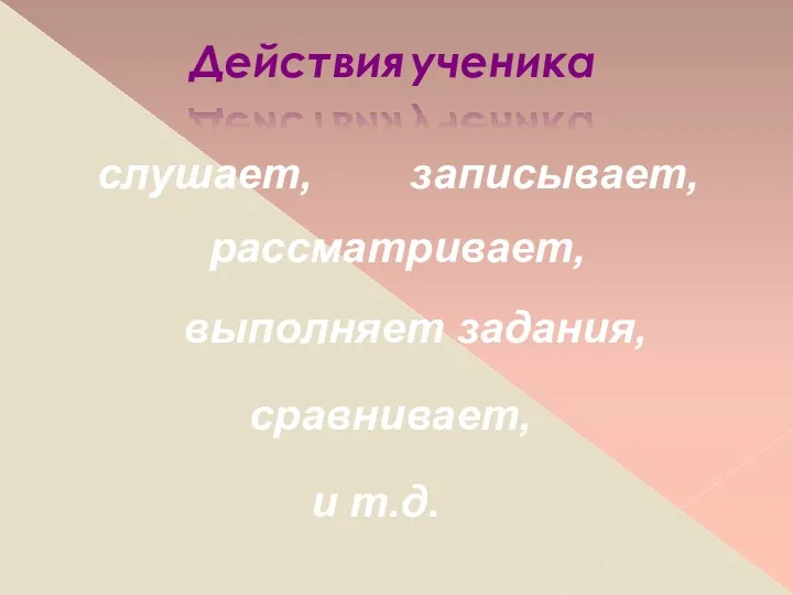 Действия ученика слушает, записывает, рассматривает, выполняет задания, сравнивает, и т.д.