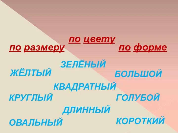 Сгруппируй слова на основе общего признака по форме по размеру