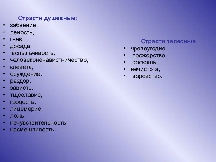 Страсти душевные: забвение, леность, гнев, досада, вспыльчивость, человеконенавистничество, клевета, осуждение,