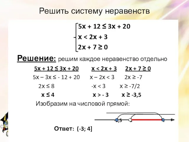 Решить систему неравенств 5х + 12 ≤ 3х + 20