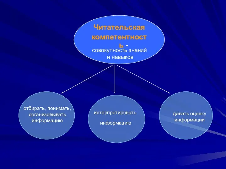 Читательская компетентность - совокупность знаний и навыков отбирать, понимать, организовывать информацию интерпретировать информацию давать оценку информации