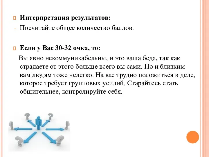 Интерпретация результатов: Посчитайте общее количество баллов. Если у Вас 30-32