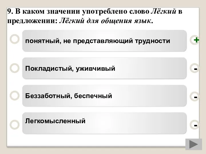 9. В каком значении употреблено слово Лёгкий в предложении: Лёгкий