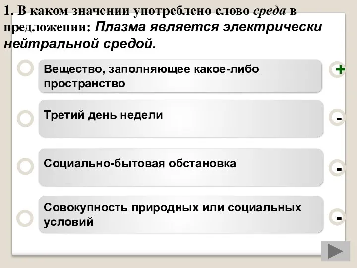 1. В каком значении употреблено слово среда в предложении: Плазма