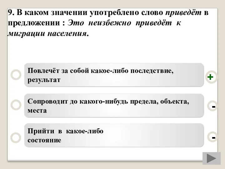 9. В каком значении употреблено слово приведёт в предложении :