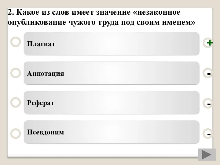 2. Какое из слов имеет значение «незаконное опубликование чужого труда