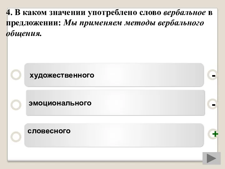 4. В каком значении употреблено слово вербальное в предложении: Мы