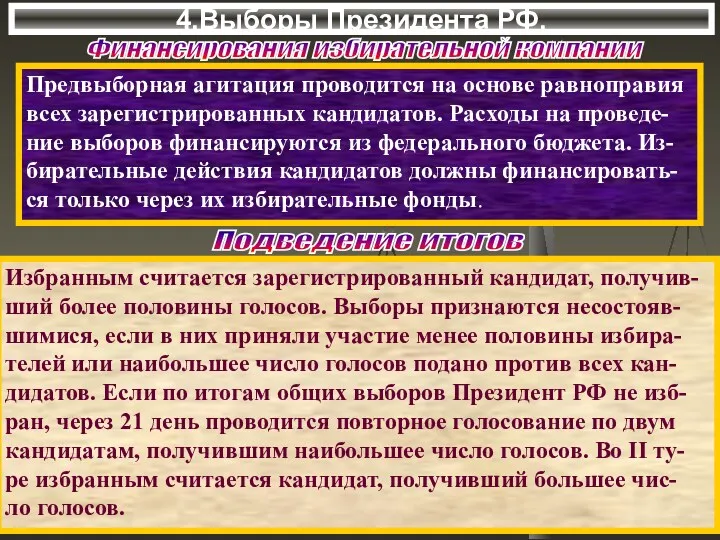 4.Выборы Президента РФ. Предвыборная агитация проводится на основе равноправия всех