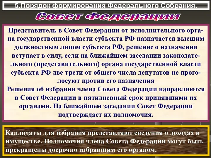 5.Порядок формирования Федерального Собрания. Представитель в Совет Федерации от исполнительного