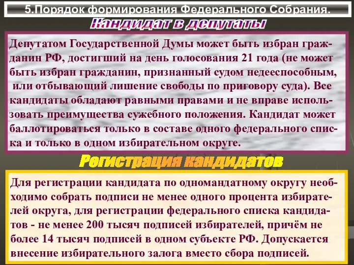 5.Порядок формирования Федерального Собрания. Кандидат в депутаты Депутатом Государственной Думы