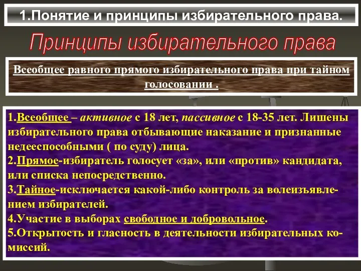 1.Понятие и принципы избирательного права. Всеобщее равного прямого избирательного права