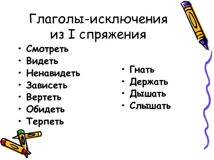 Глаголы-исключения из I спряжения Смотреть Видеть Ненавидеть Зависеть Вертеть Обидеть Терпеть Гнать Держать Дышать Слышать