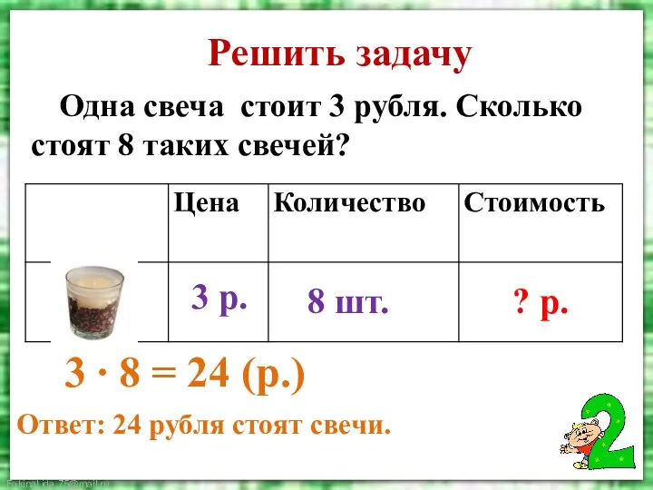 Решить задачу Одна свеча стоит 3 рубля. Сколько стоят 8