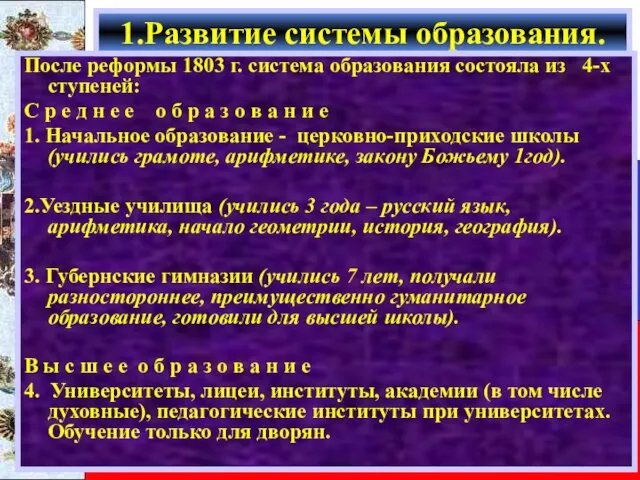 После реформы 1803 г. система образования состояла из 4-х ступеней: