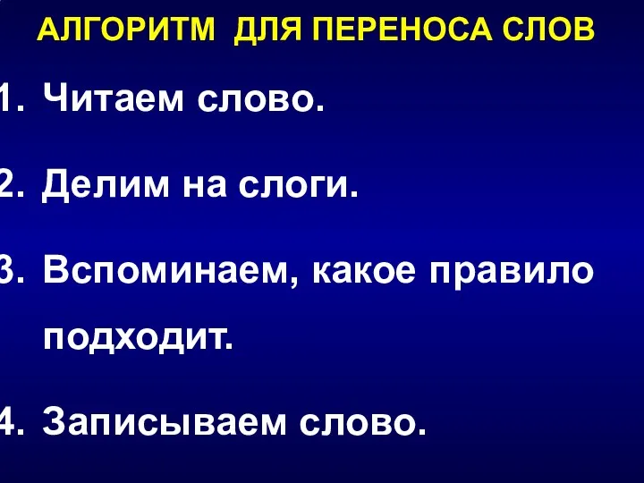 АЛГОРИТМ ДЛЯ ПЕРЕНОСА СЛОВ Читаем слово. Делим на слоги. Вспоминаем, какое правило подходит. Записываем слово.