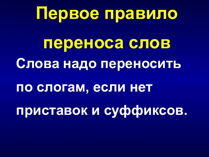 Первое правило переноса слов Слова надо переносить по слогам, если нет приставок и суффиксов.