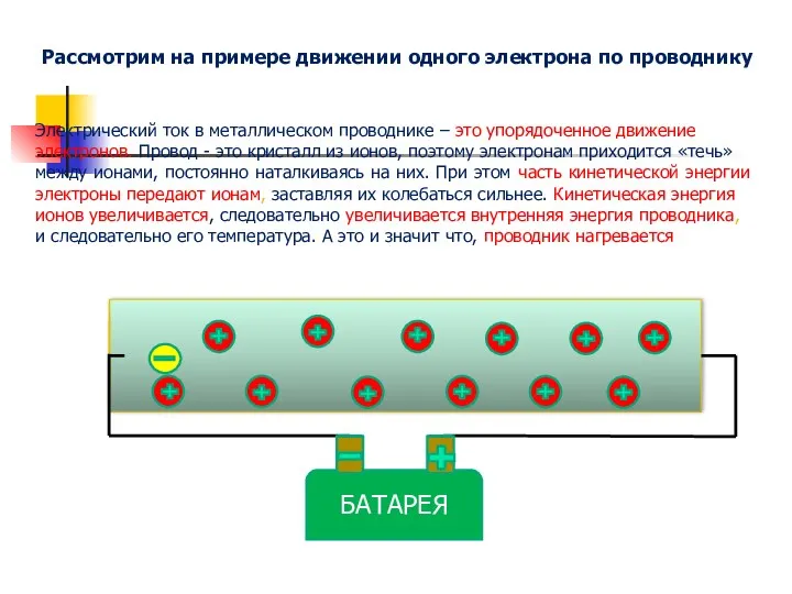 БАТАРЕЯ Почему же проводники нагреваются? Рассмотрим на примере движении одного