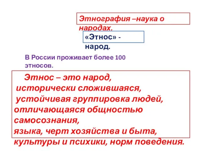 Этнография –наука о народах. В России проживает более 100 этносов.