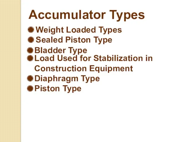 Accumulator Types Weight Loaded Types Sealed Piston Type Bladder Type Load Used for