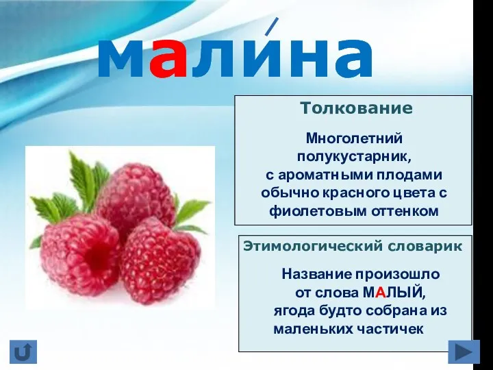 малина Толкование Этимологический словарик Многолетний полукустарник, с ароматными плодами обычно