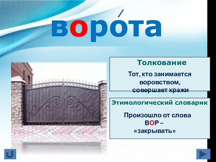 Толкование Этимологический словарик ворота Произошло от слова ВОР – «закрывать» Тот, кто занимается воровством, совершает кражи